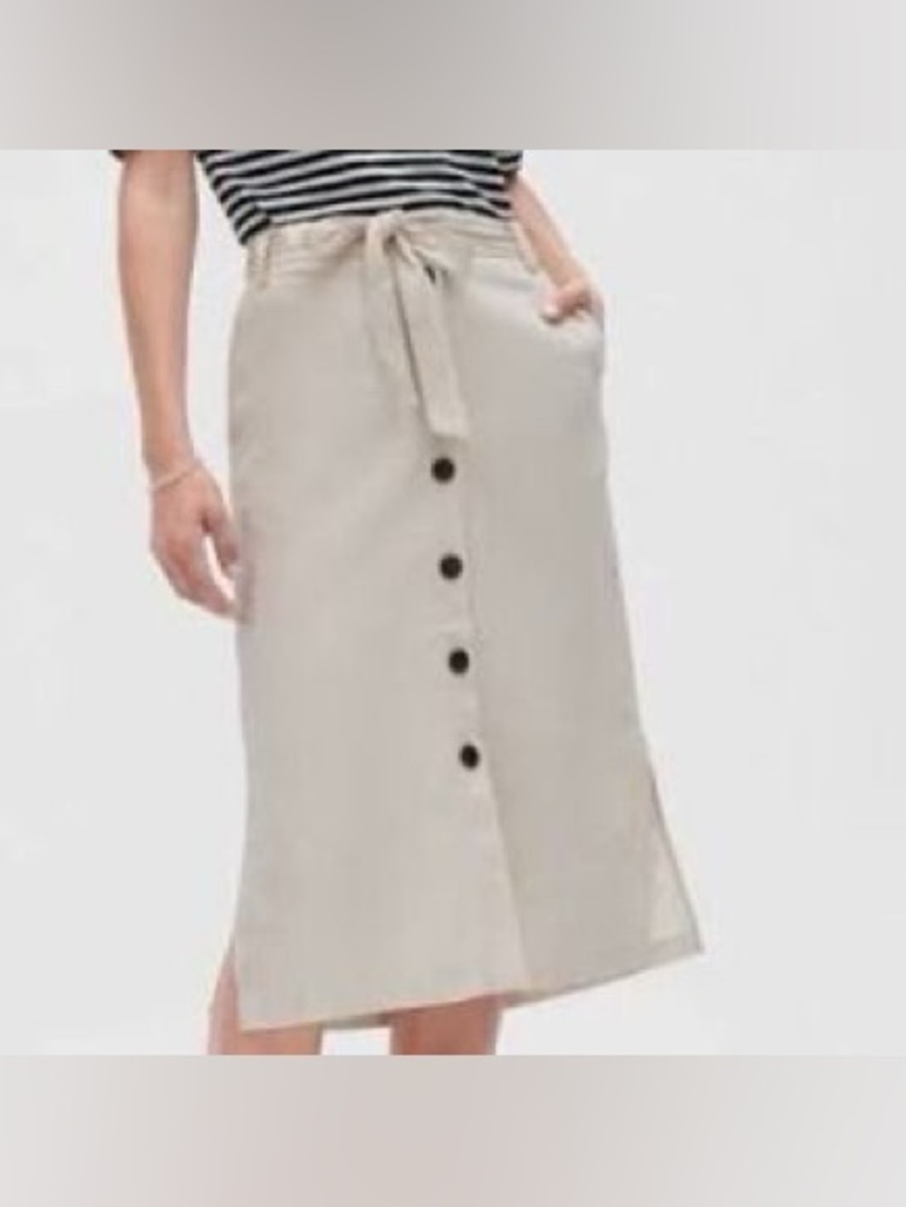 Banana Republic Beige Linen Cotton A Line Button Down Belted Classic Midi Skirt